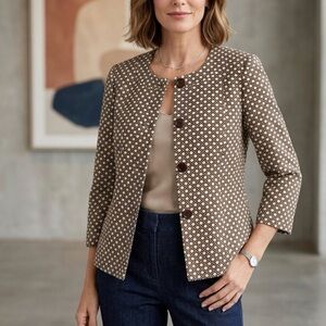 Talbots Brown Patterned Collarless Blazer pockets front button sizes 4